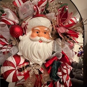 Santa Claus Holiday Wreath with Red and White Accents